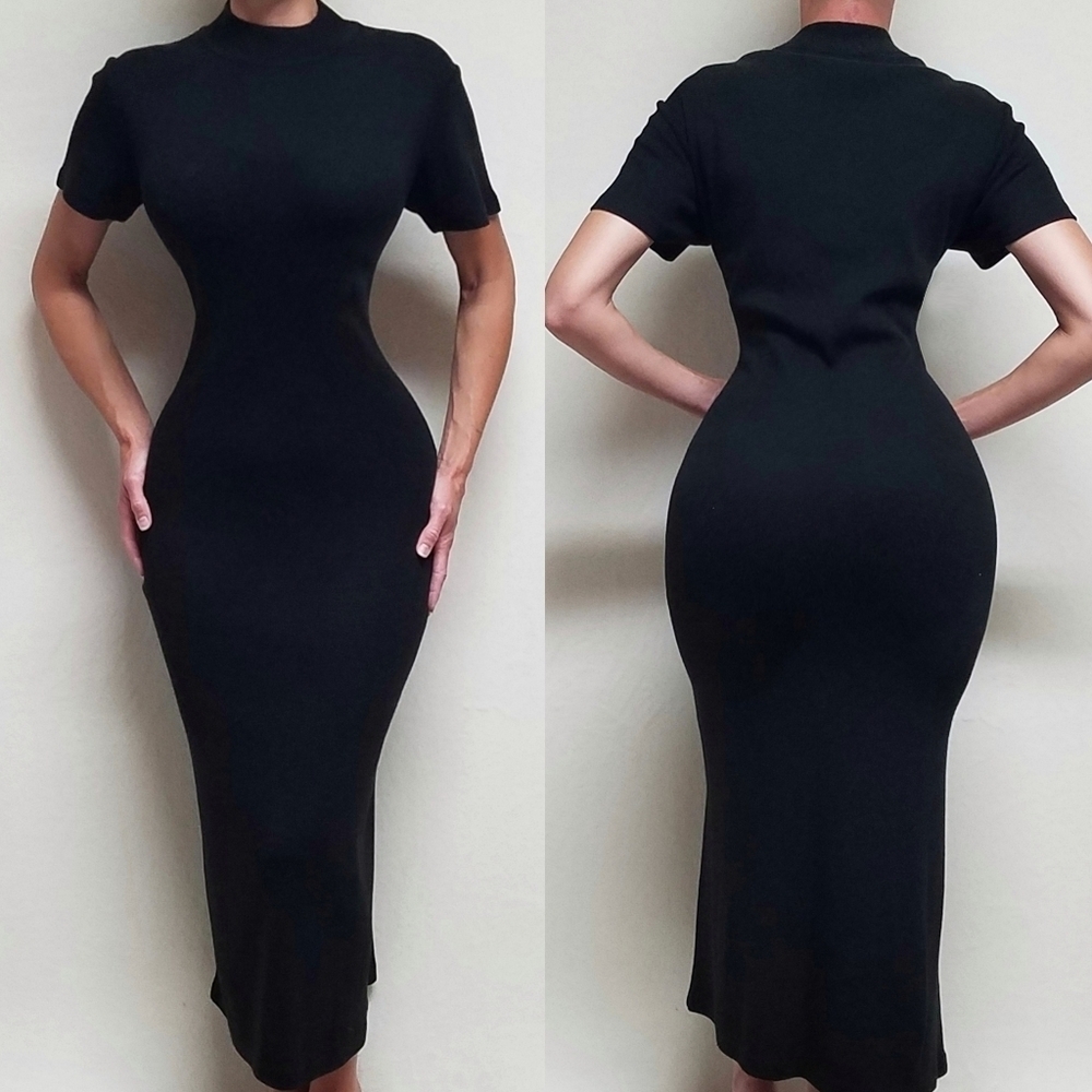 Retro Y2K Plaza South Vintage Black Short Sleeve Mock Neck Maxi Sweater Dress S